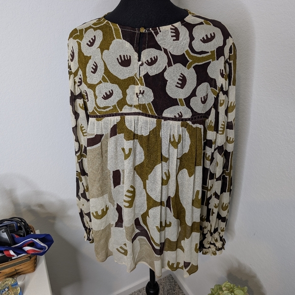 💘 Bl-nk London Anthropologie Miranda Floral Peasant Blouse Brown Green Large - Picture 3 of 6